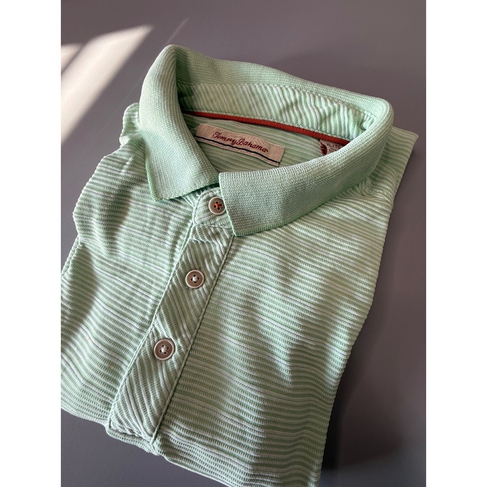 Tommy Bahama Mens XL Polo Shirt Mint Green White Striped Modal Short Sleeve